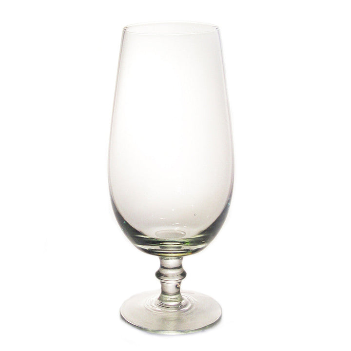 Clear stemmed glass goblet with smooth flared bowl and round raised base