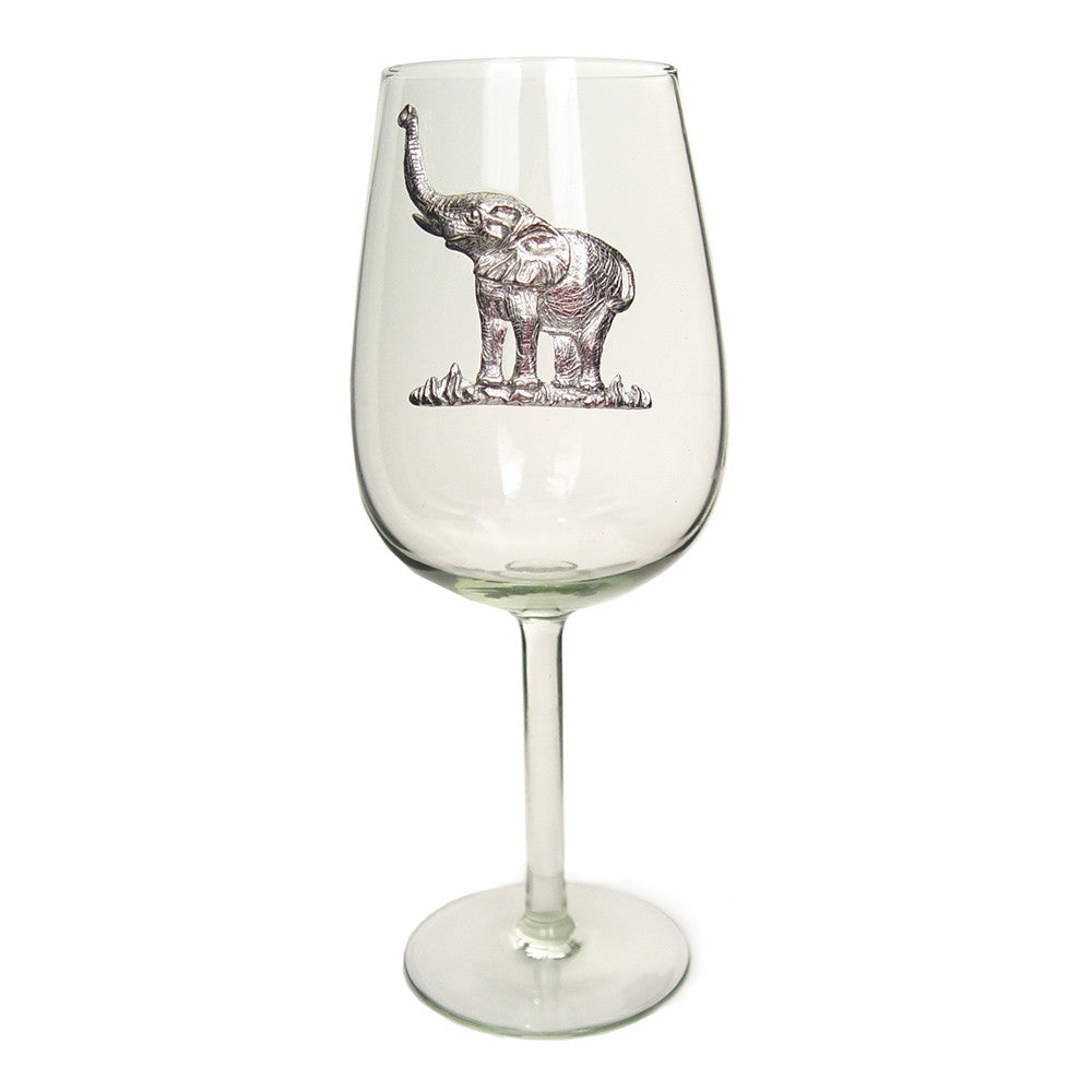 Clear wine glass with pewter elephant motif on the bowl
