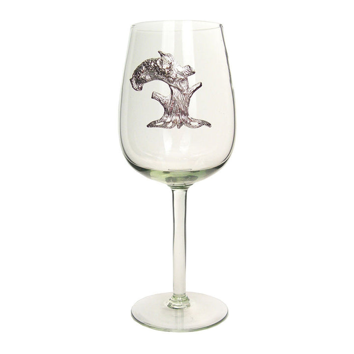 Clear wine glass with pewter giraffe motif on the bowl