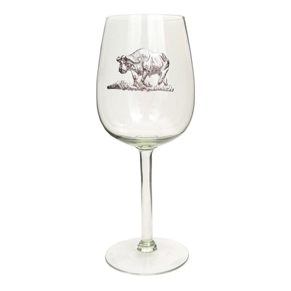 Clear wine glass with pewter rhino motif on the bowl