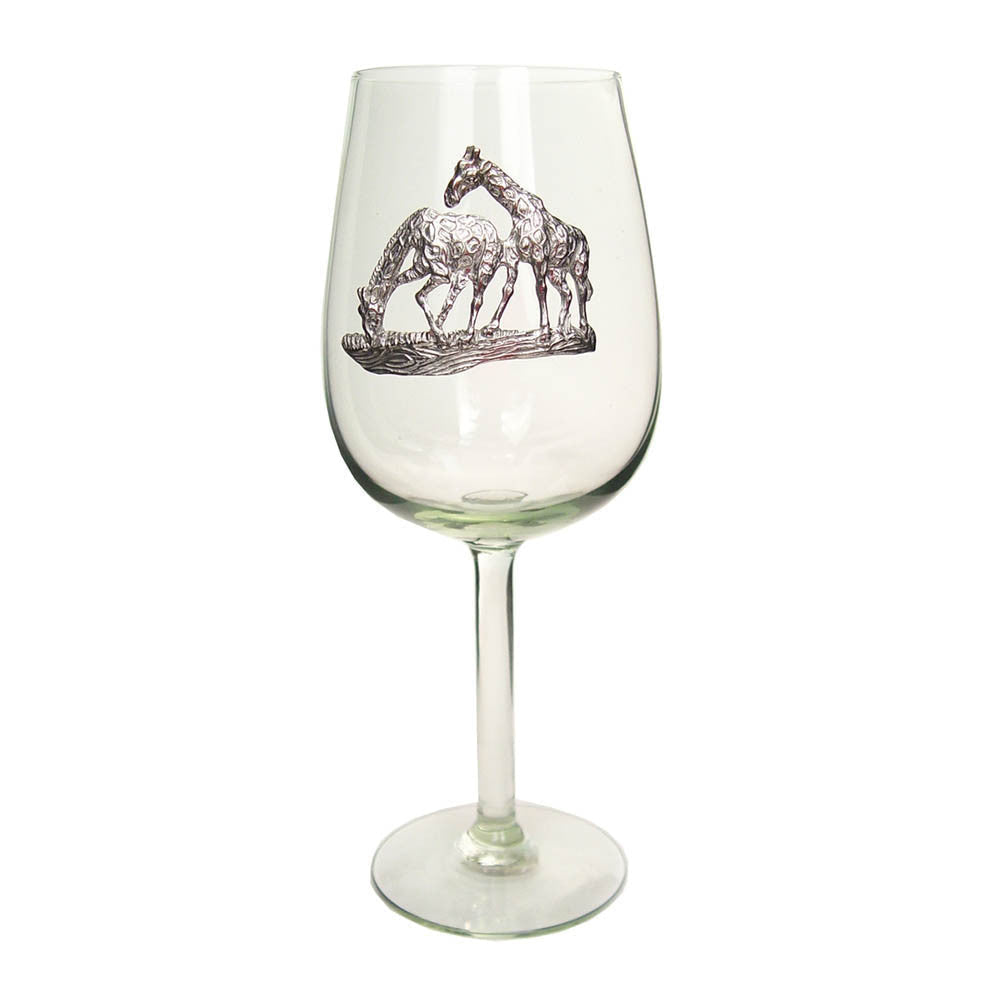 Clear wine glass with pewter buffalo motif on the bowl