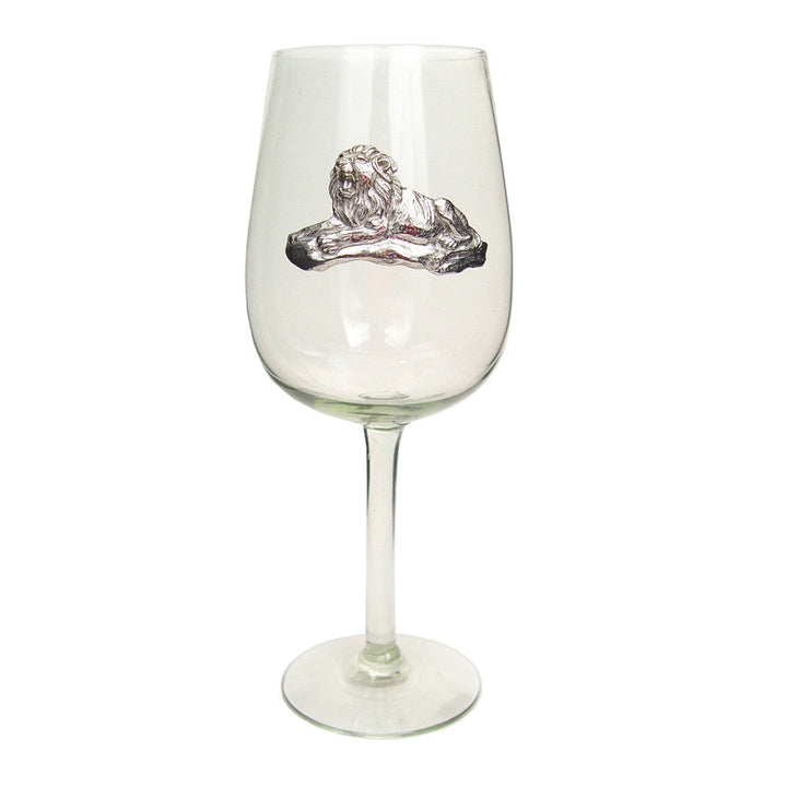 Clear wine glass with pewter leopard motif on the bowl