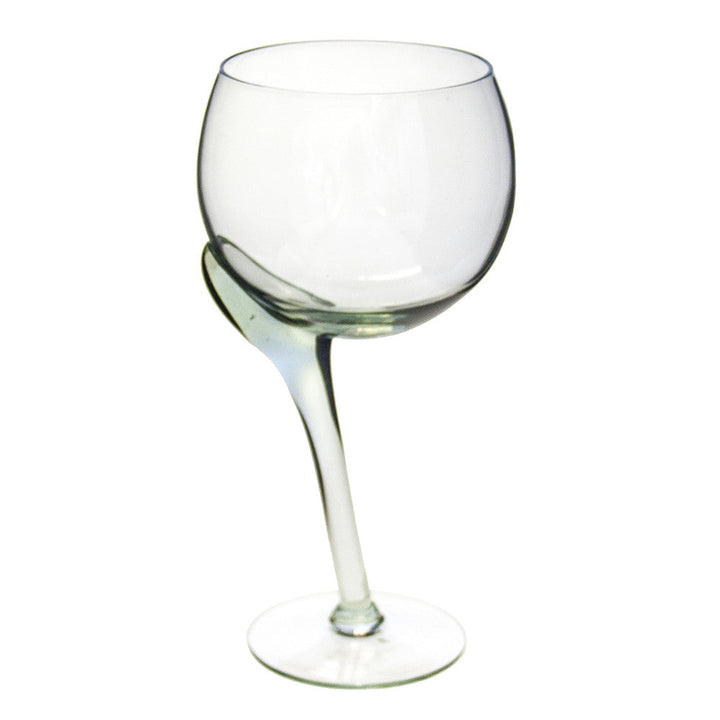 Crooked-stem wine glass with green-tinted bowl and stem, round clear base.