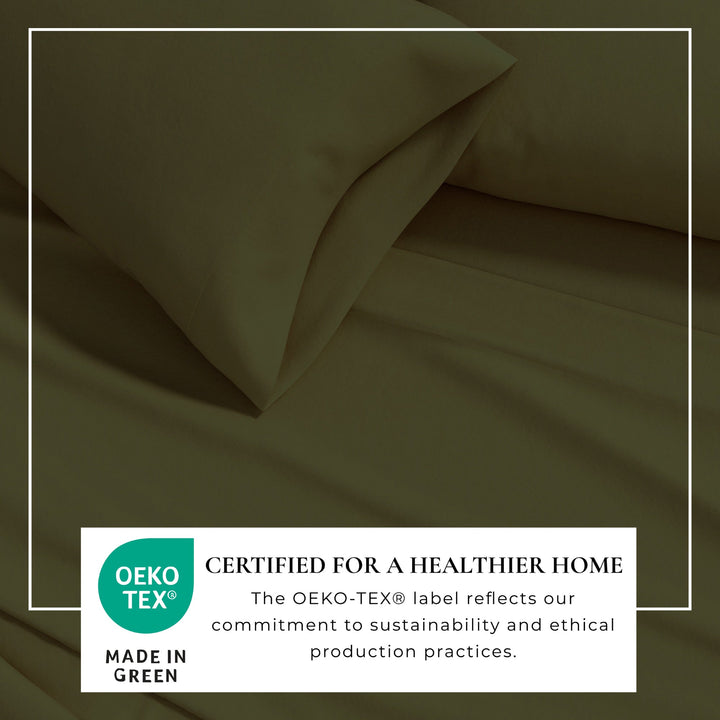 Olive cotton flannel sheet close-up with soft drape and Oeko-Tex seal area