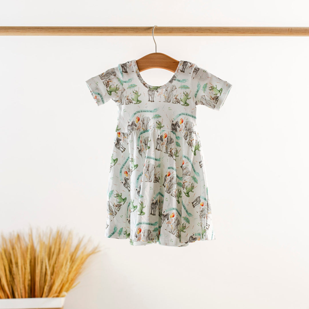 Kids organic cotton dress, white animal print, short sleeves, gathered skirt