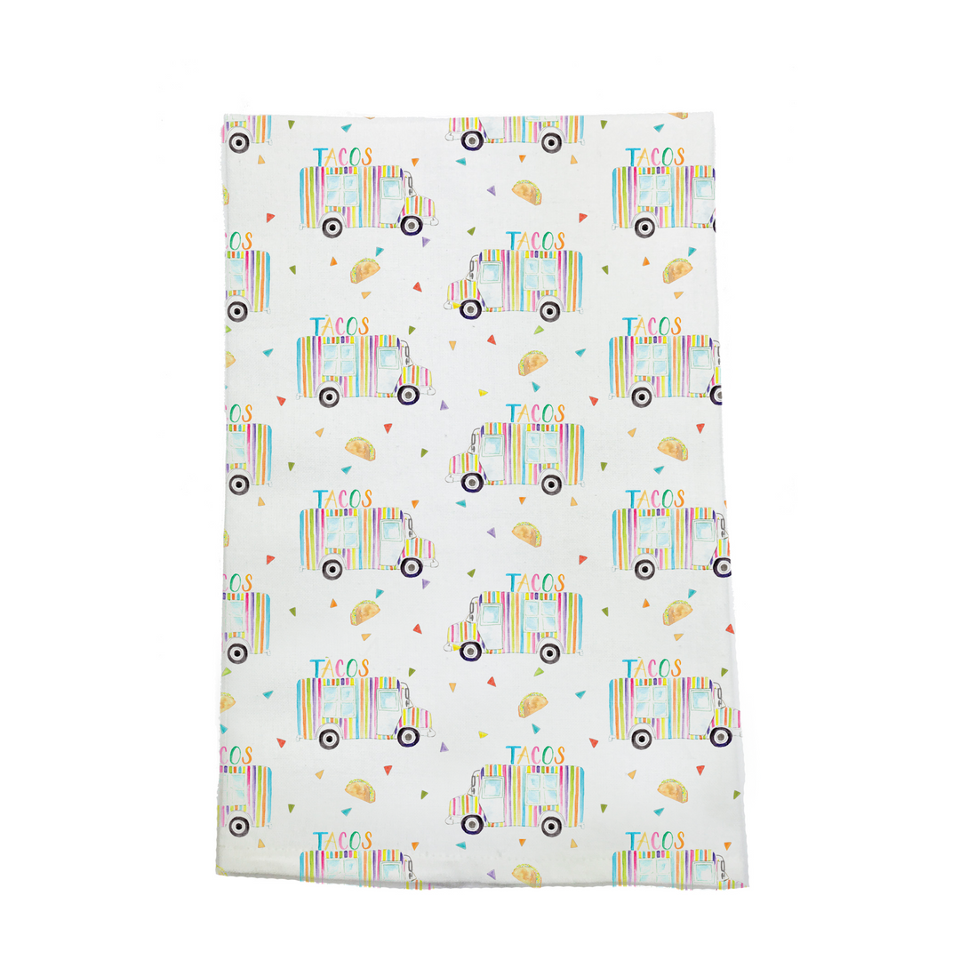 Organic cotton kitchen towel with tacos and taco-truck pattern, light background, square