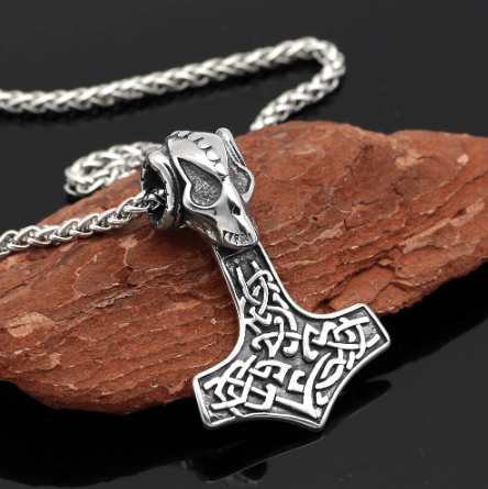 Silver-tone goat skull Mjolnir pendant with braided chain and Celtic knot details