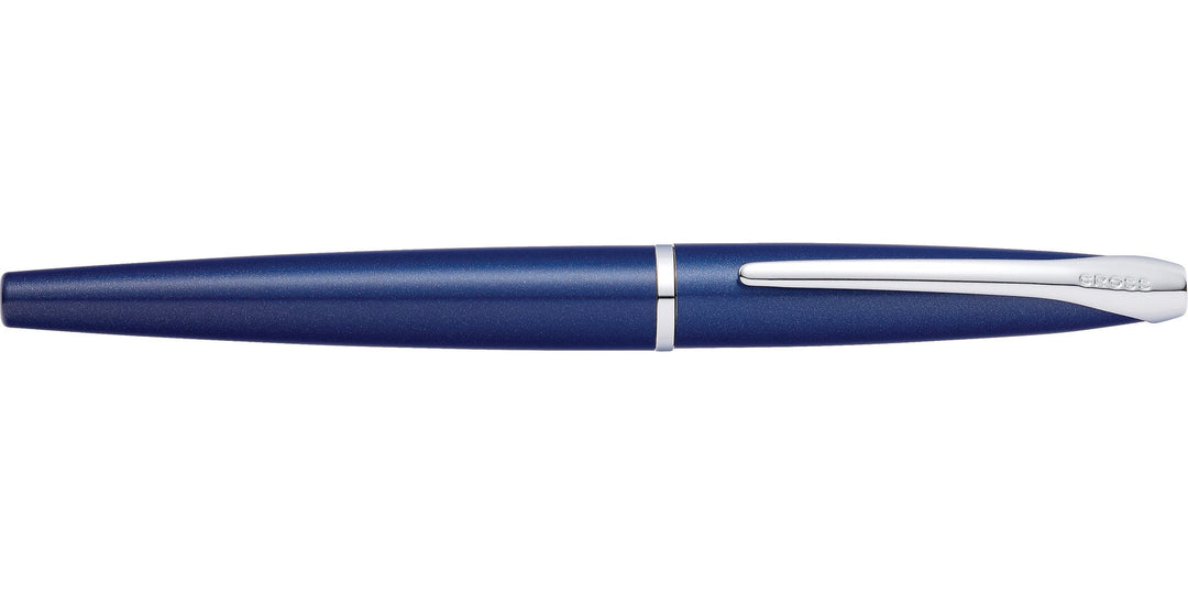Translucent blue lacquer fountain pen with silver clip and streamlined tip