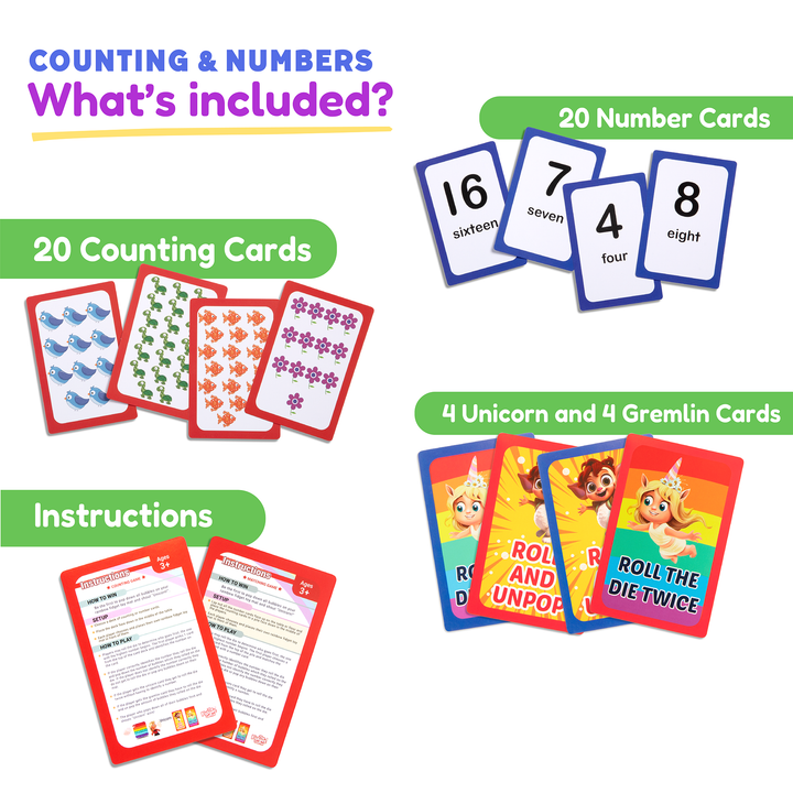 Counting and number card pack contents: 20 number cards plus unicorn and gremlin cards