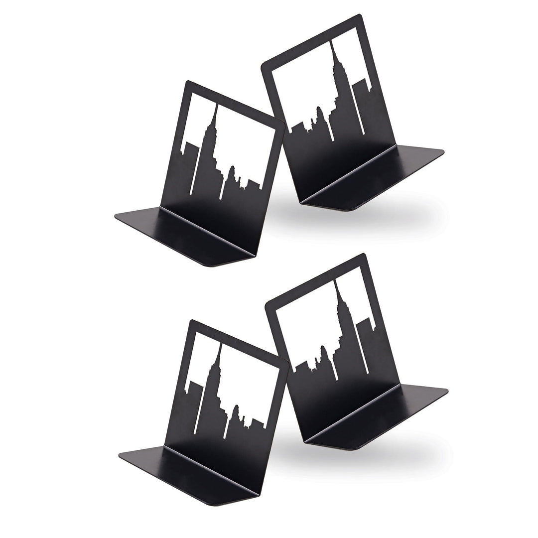 Metal skyline bookends, two-piece set with black city silhouettes on dark bases