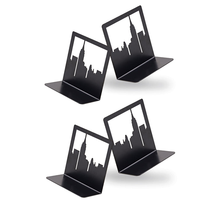 Metal skyline bookends, two-piece set with black city silhouettes on dark bases