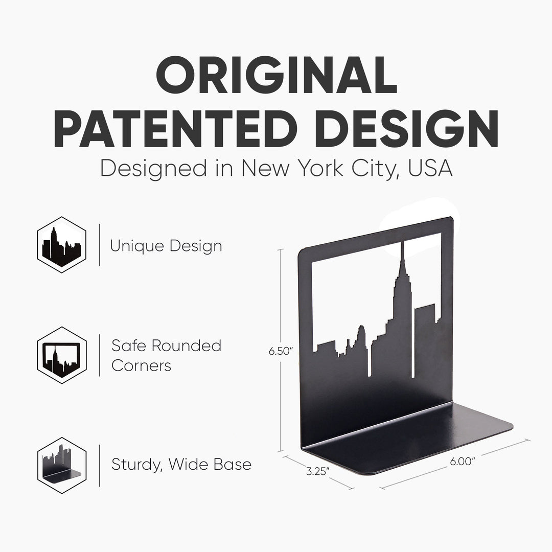 Metal skyline bookend with black city silhouette, wide base for supporting books