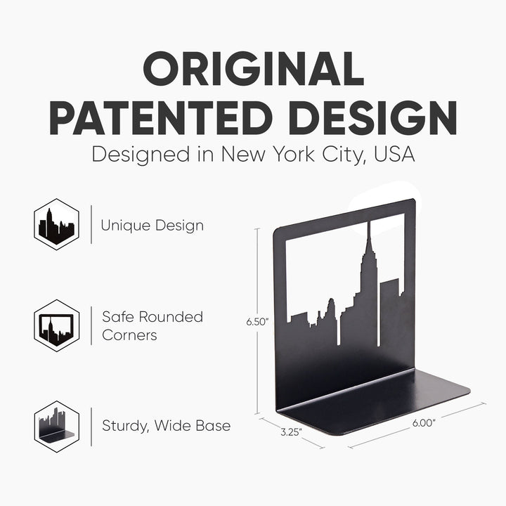 Metal skyline bookend with black city silhouette, wide base for supporting books
