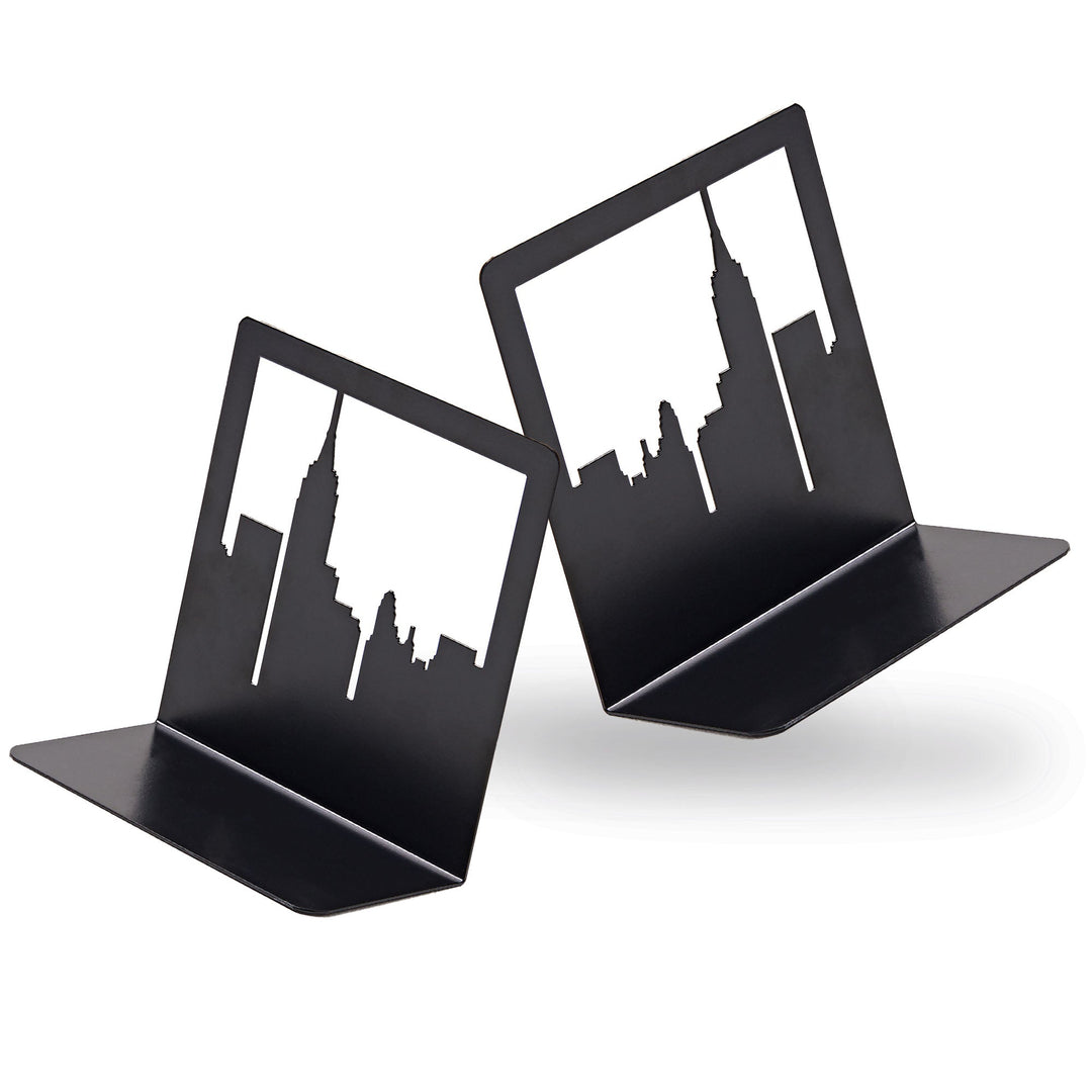 Metal skyline bookends, two-pack with black city silhouette fronts on dark bases
