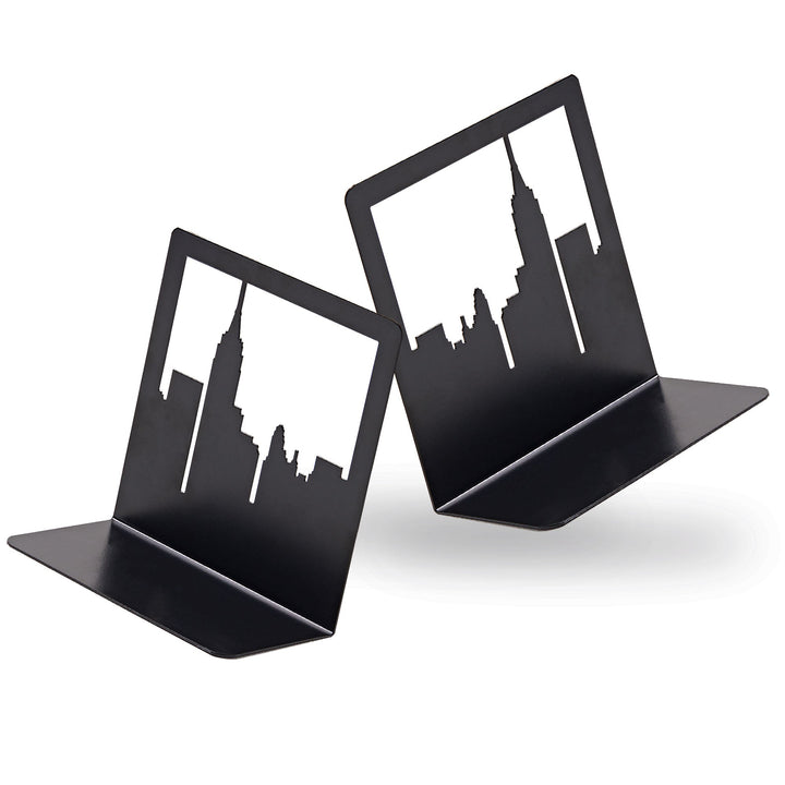 Metal skyline bookends, two-pack with black city silhouette fronts on dark bases