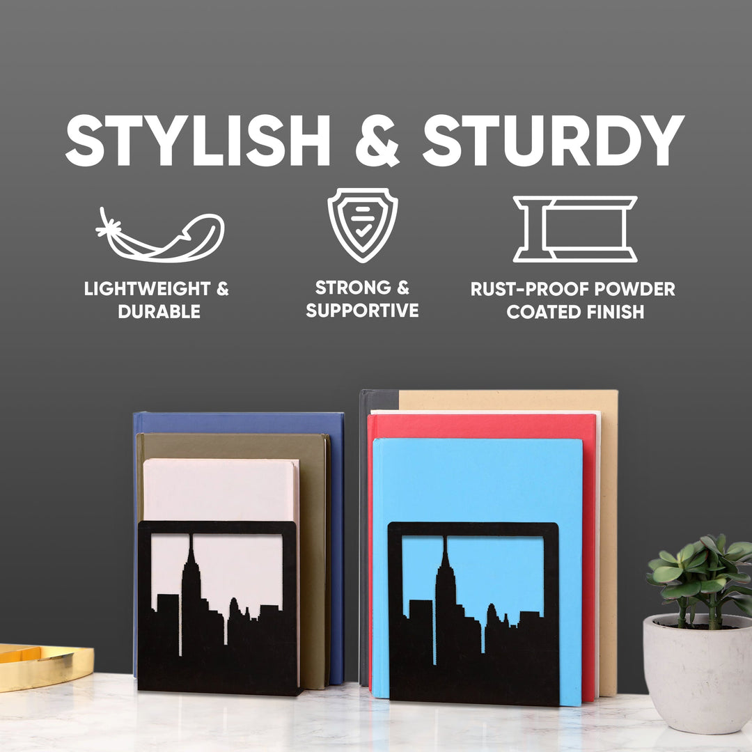 Metal skyline bookend set with black city silhouettes and sturdy wide bases