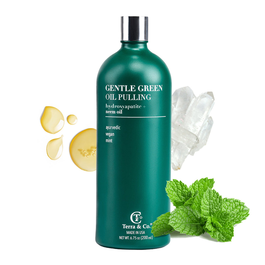 Gentle Green oil pulling oral rinse bottle, teal green, with metal pump cap