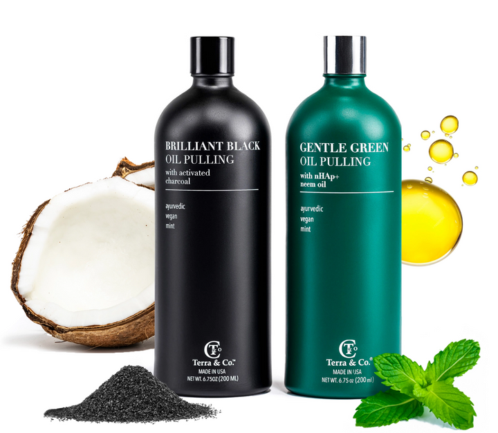 Terra &amp; Co. oil pulling set with charcoal black and gentle green bottles, coconut and mint