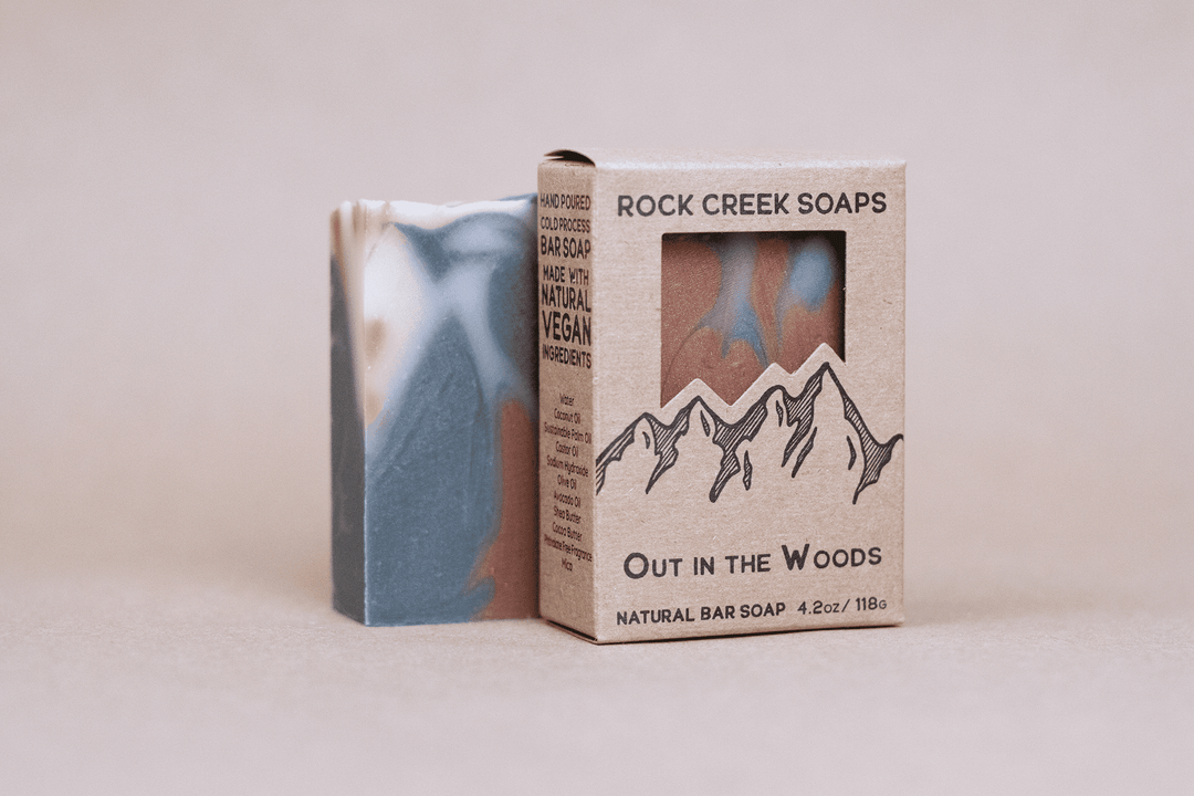 Natural bar soap and cardboard gift box, blue-gray marbled design