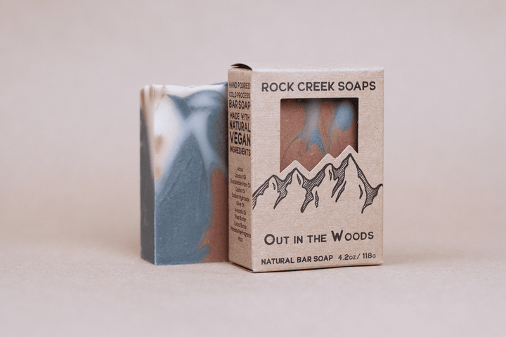 Natural bar soap and cardboard gift box, blue-gray marbled design