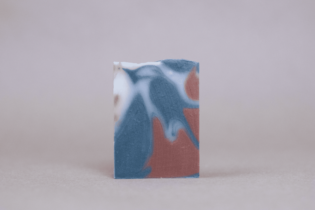 Blue-gray marbled natural bar soap, rectangular shape