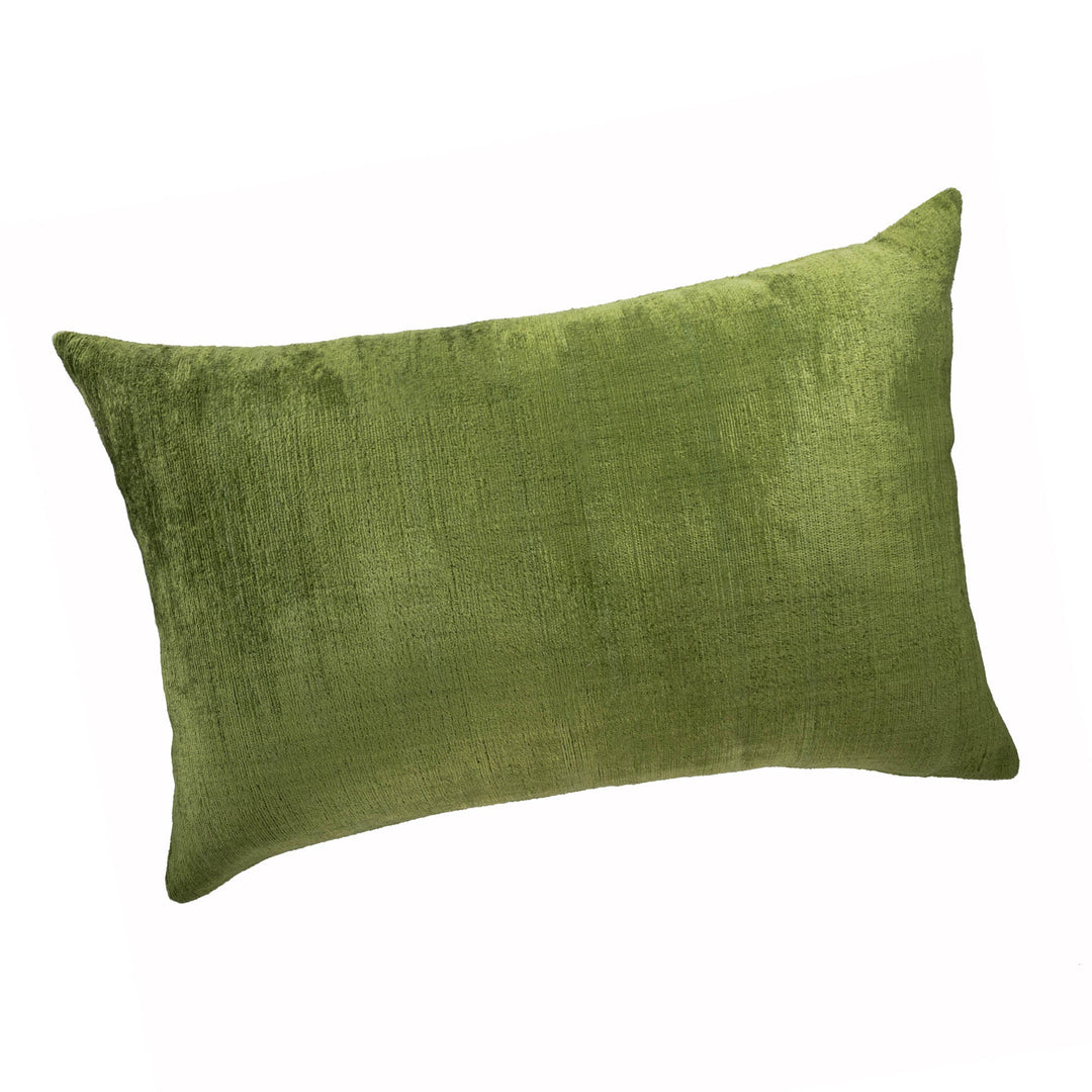 Olive green rectangular pillow cover with textured surface and tapered corners