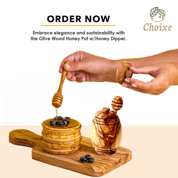 Artisan Olive Wood Honey Pot with Dipper