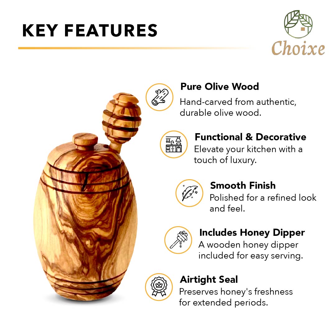 Artisan Olive Wood Honey Pot with Dipper