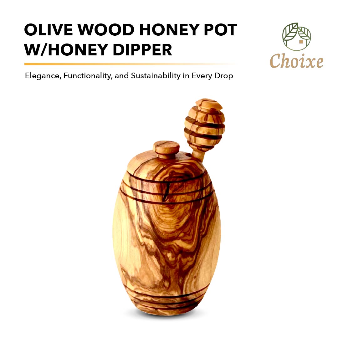 Artisan Olive Wood Honey Pot with Dipper
