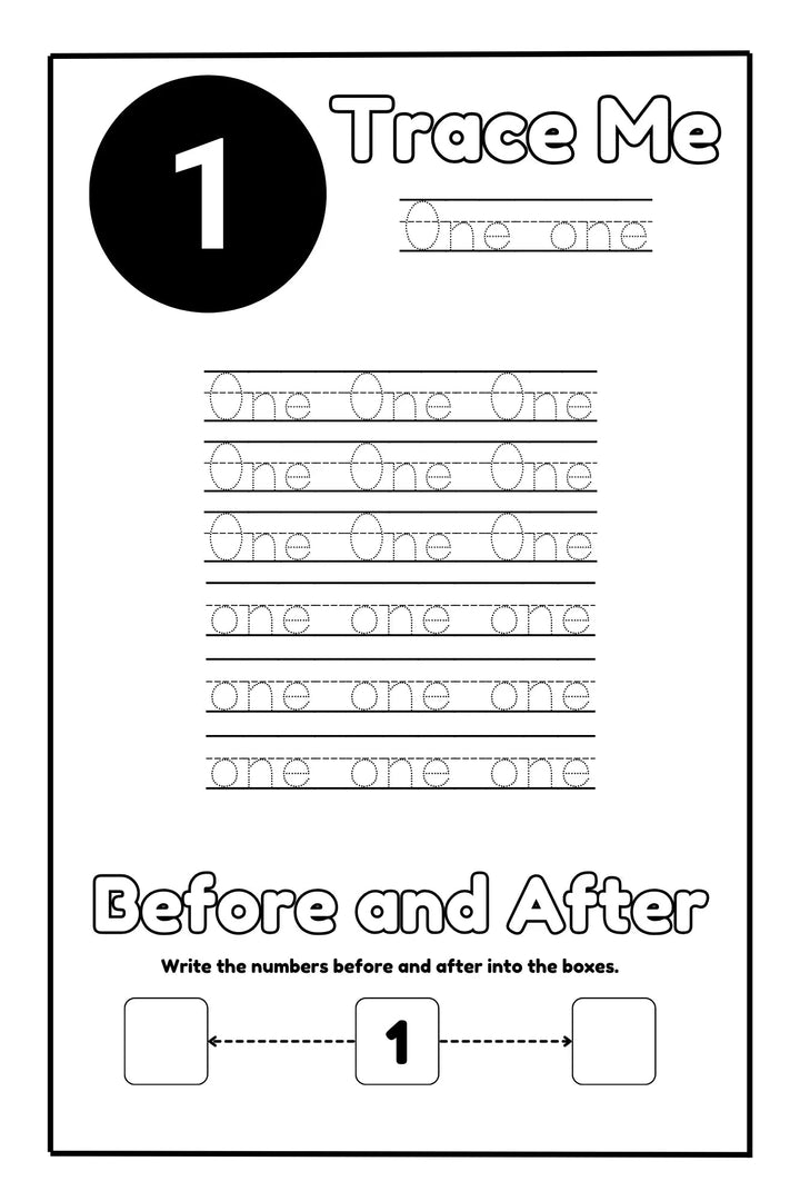 Tracing activity page with bold 1, dotted lettering, and Before and After boxes