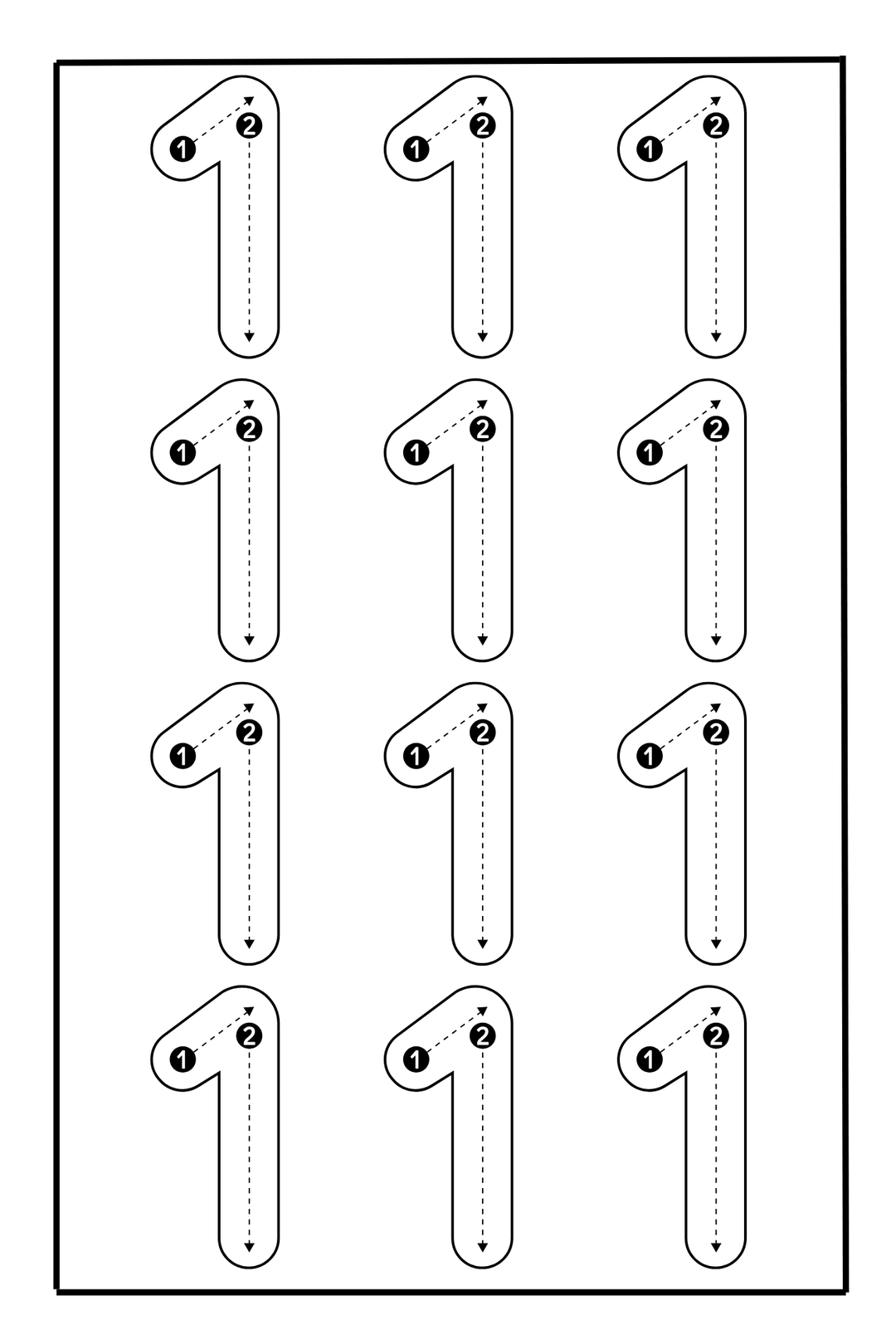 Number tracing pages with dotted 1s and 2s, fill-in activities