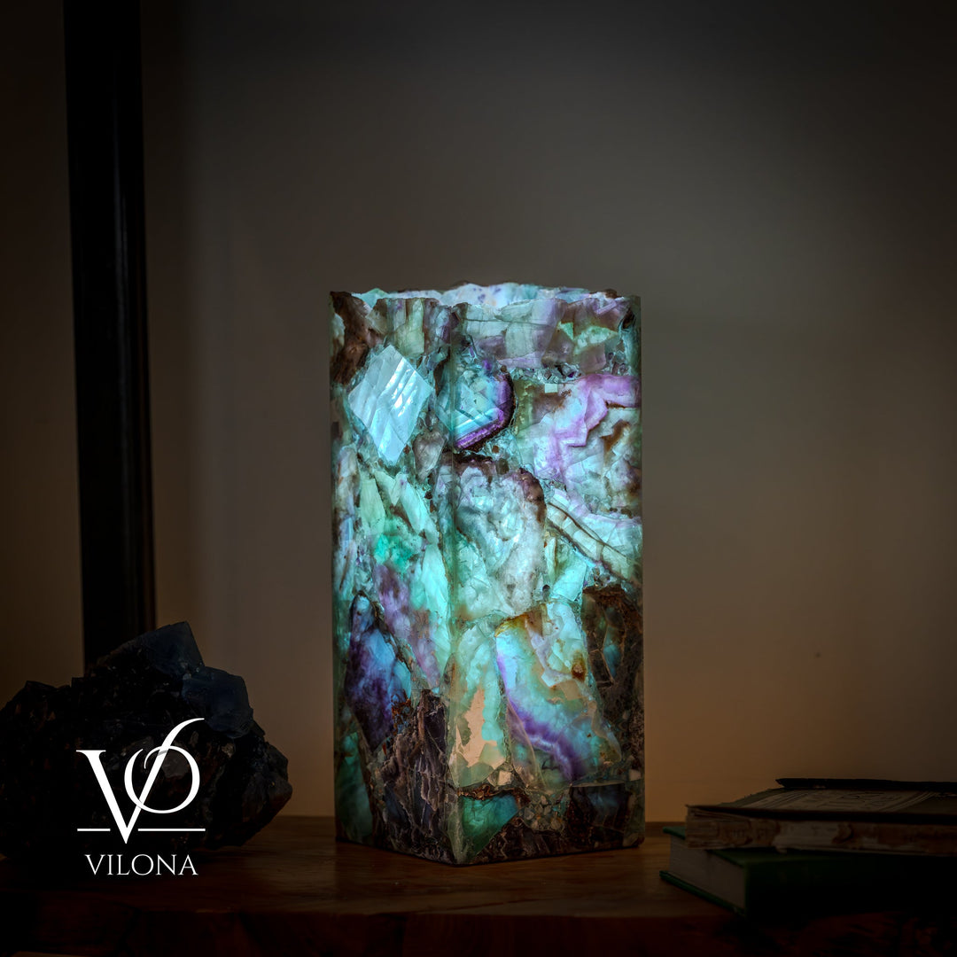 Fluorite table lamp with square live-edge shade, turquoise and violet crystal highlights
