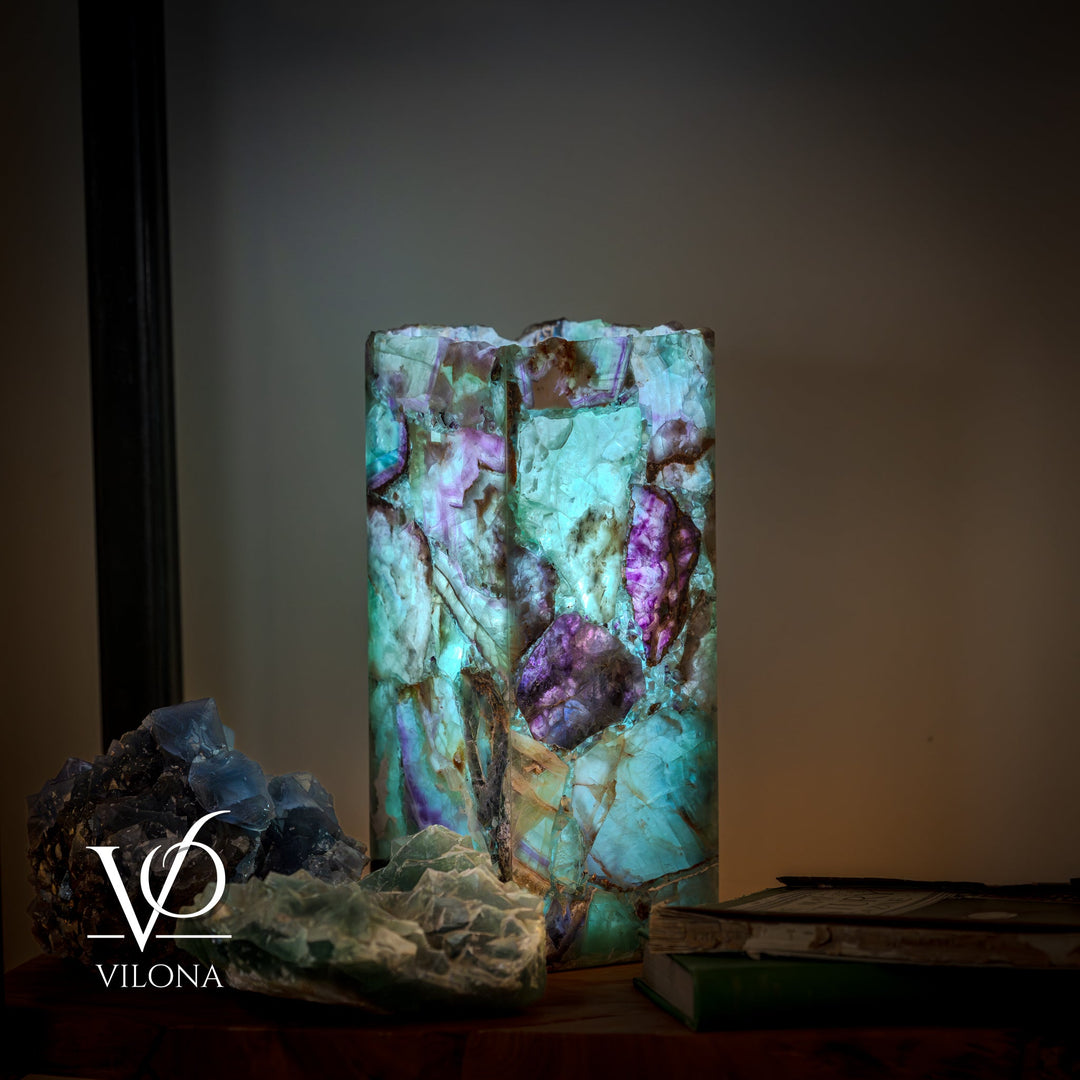 Fluorite table lamp with tall square shade in turquoise, teal, and purple veining