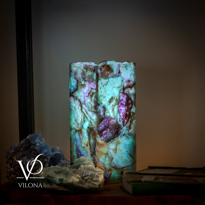 Fluorite table lamp with tall square shade in turquoise, teal, and purple veining