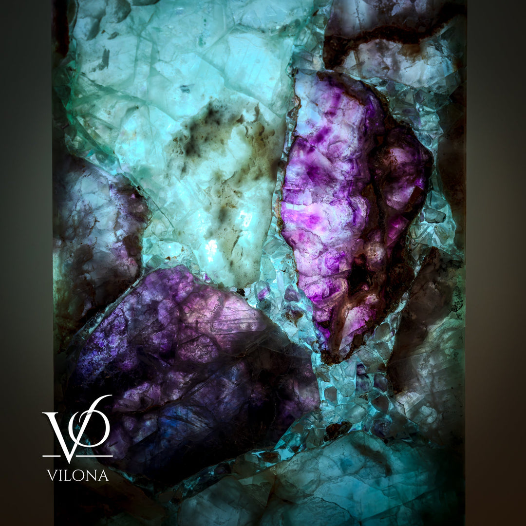 Close-up fluorite lamp shade showing teal crystal and deep violet vein textures