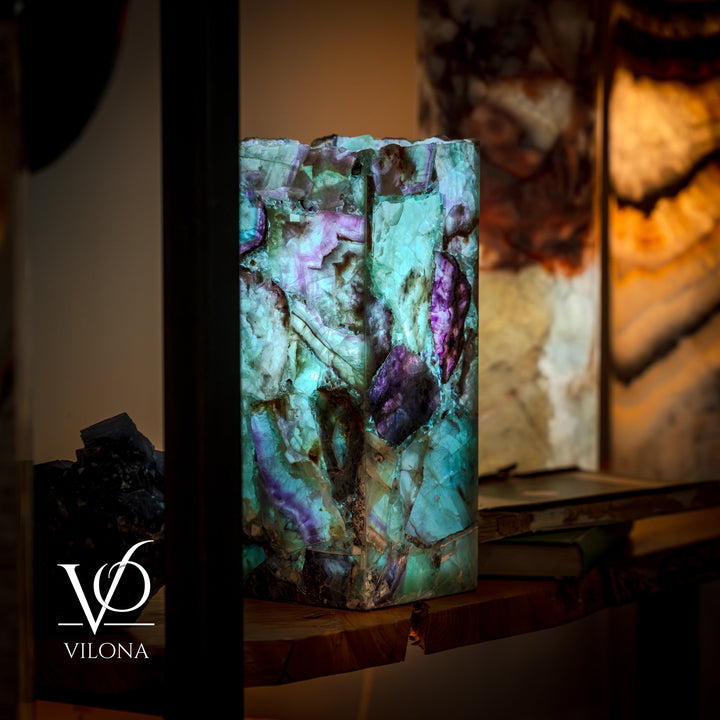 Fluorite table lamp with square live-edge shade, turquoise glow with purple striations