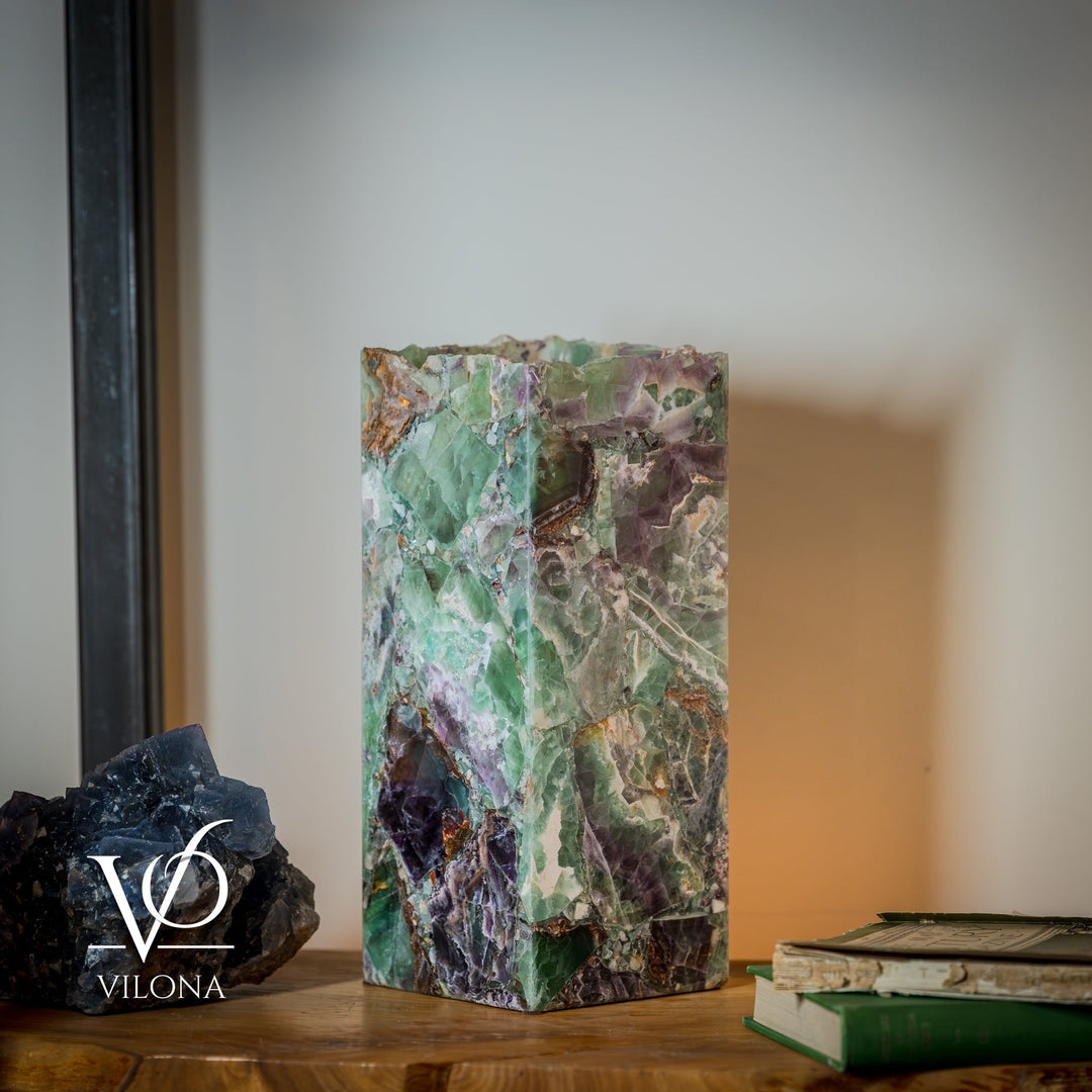 Fluorite table lamp with square crystal shade featuring green, purple, and brown tones