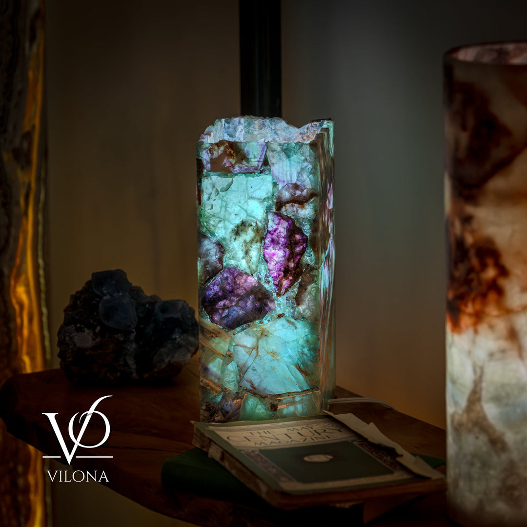 Fluorite table lamp with tall square crystal shade in teal and purple, live-edge style