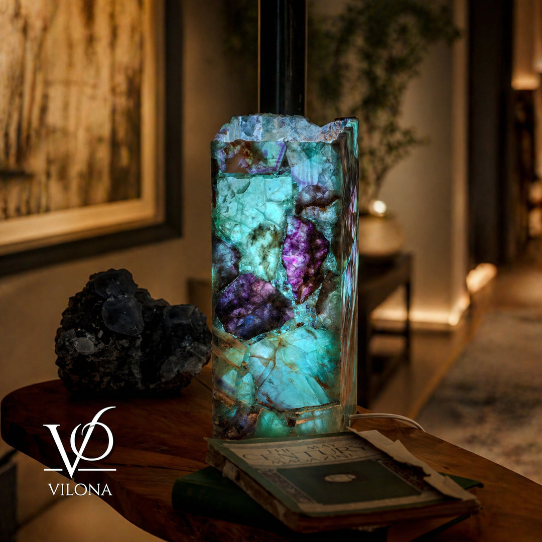 Fluorite table lamp with square live-edge shade, teal and purple crystal pattern