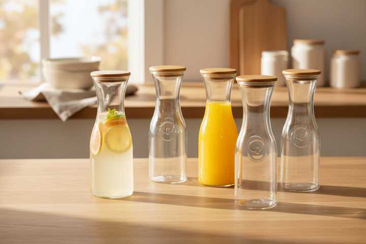 Glass Carafe with Wooden Caps (Set of 6)