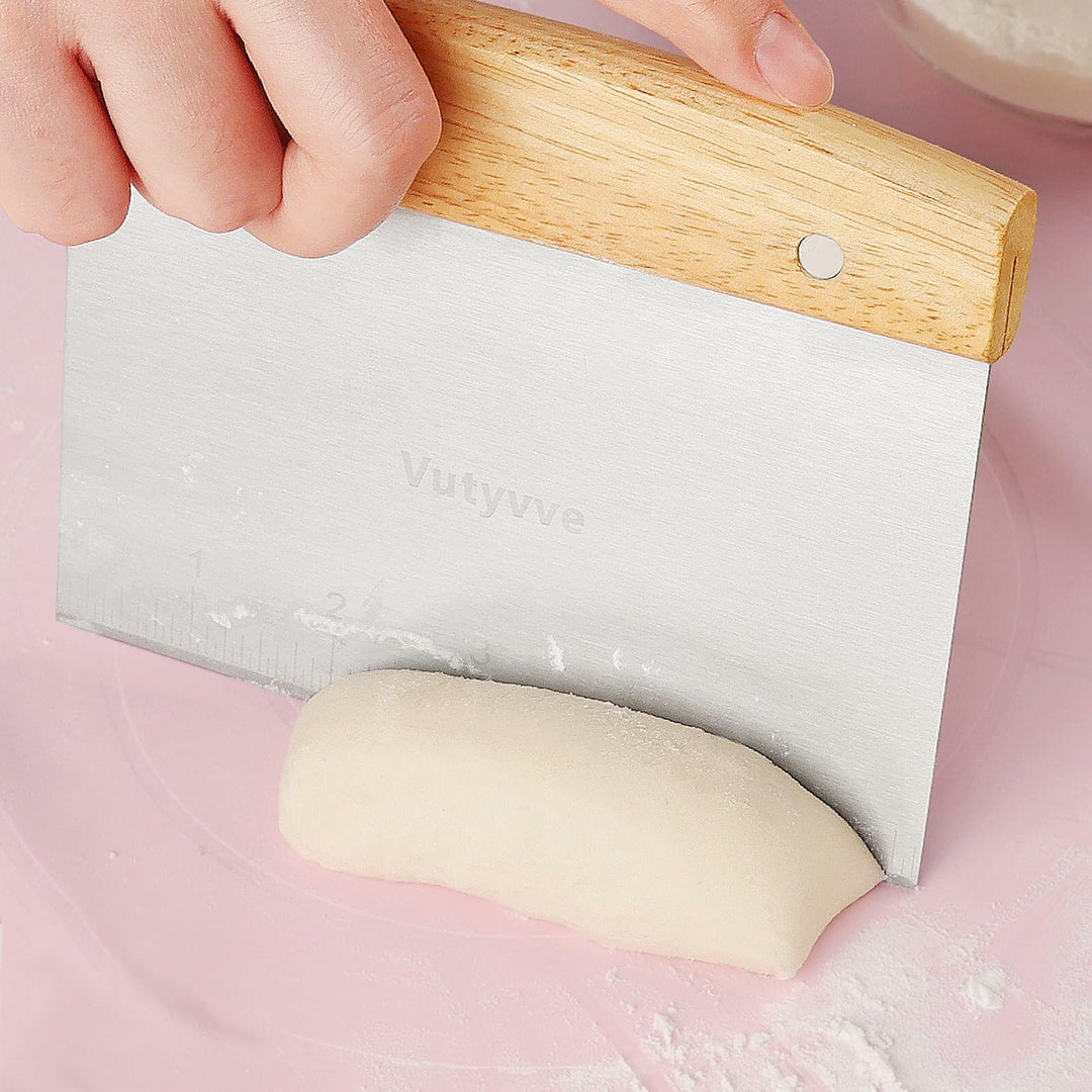 Vutyvve Dough Scraper Set, Wooden Handle Stainless Steel + 2 Plastic, 3 Pc