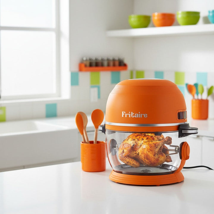Fritaire orange air fryer with clear glass bowl and rotisserie chicken