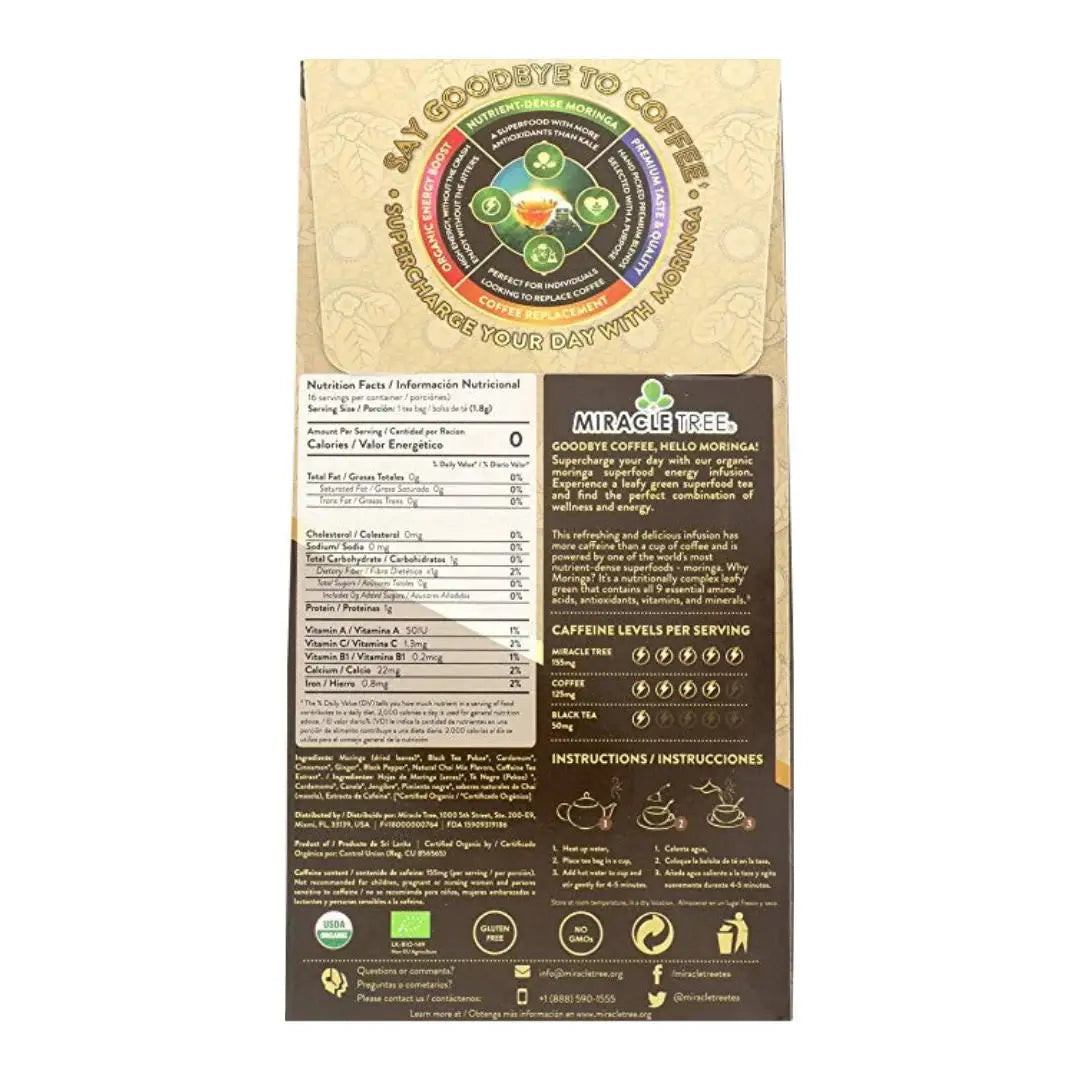 Miracle Tree organic moringa chai tea box, back panel with ingredients and instructions