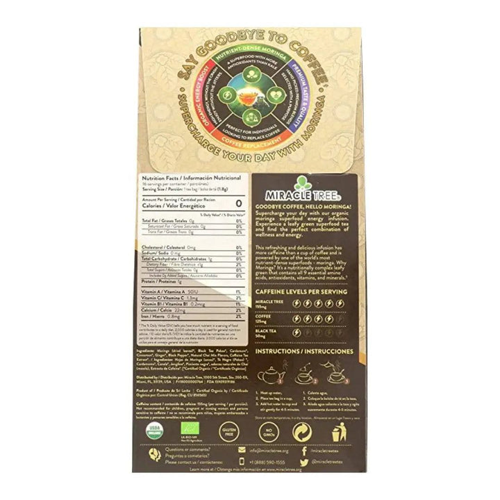 Miracle Tree organic moringa chai tea box, back panel with ingredients and instructions