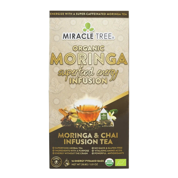 Miracle Tree organic moringa chai tea box, front view with tea cup illustration