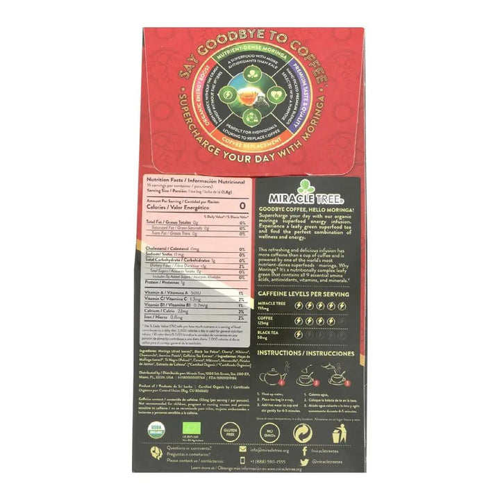 Miracle Tree organic moringa tea box back panel with nutrition and instructions