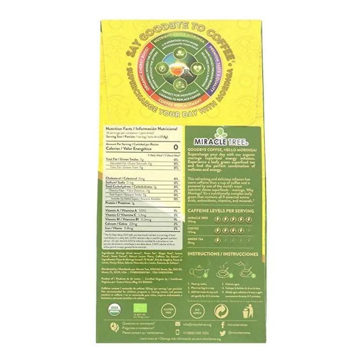 Miracle Tree organic moringa ginger & lemon tea pouch, back panel with facts