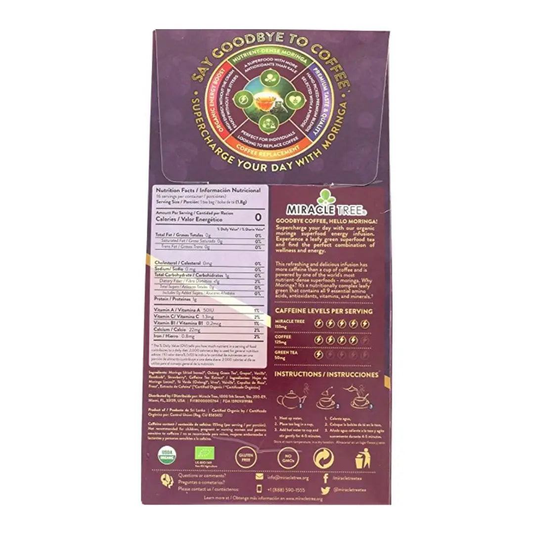 Back of Miracle Tree organic moringa tea package with nutrition and directions panel
