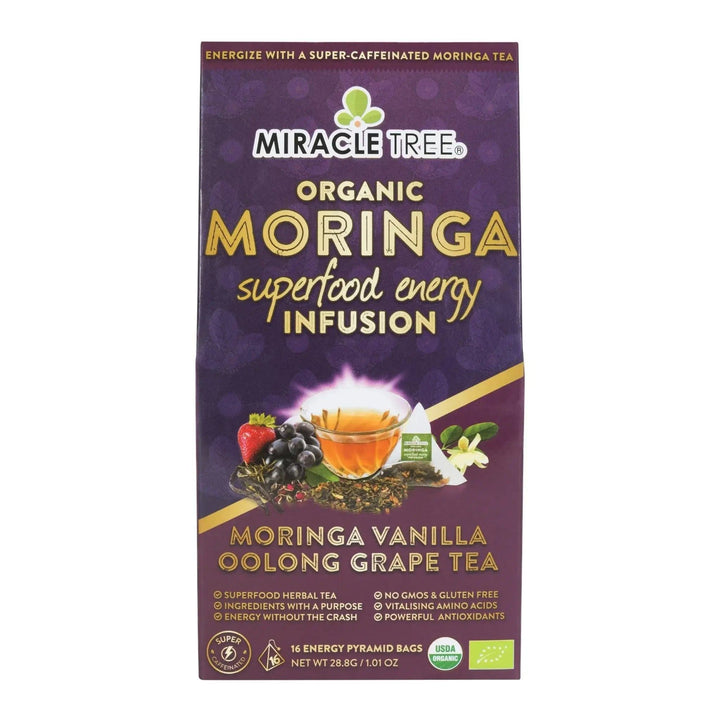 Miracle Tree organic moringa tea box with moringa superfood energy infusion grape tea
