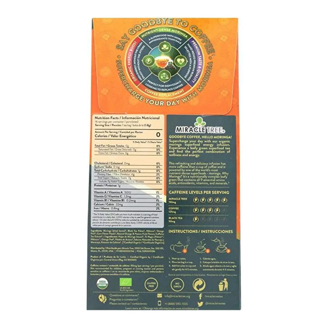Miracle Tree Organic Moringa tea pouch back panel with ingredients and nutrition